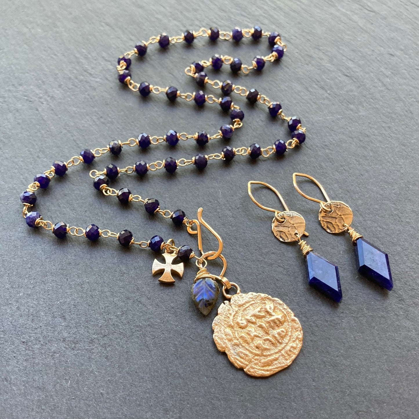 Sodalite, Gold & Bronze Coin Earrings