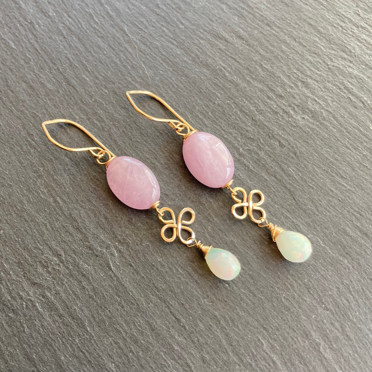 Kunzite, Ethiopian Opal & Gold Earrings