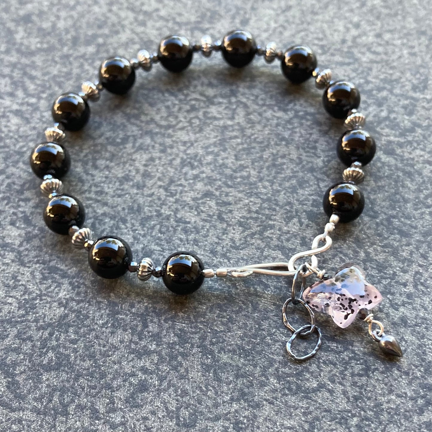 Black Onyx & Rutilated Rose Quartz Butterfly Charm Bracelet