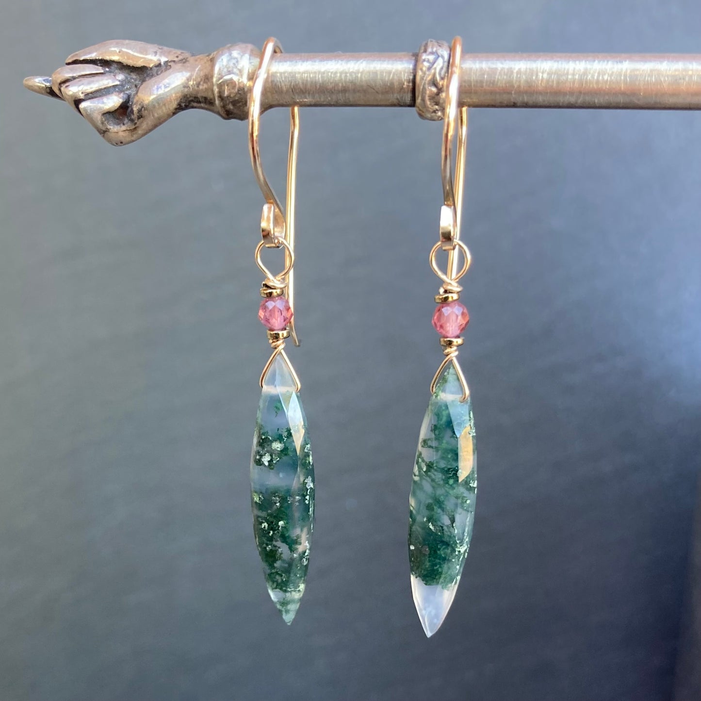 Moss Agate & Gold Marquis Earrings