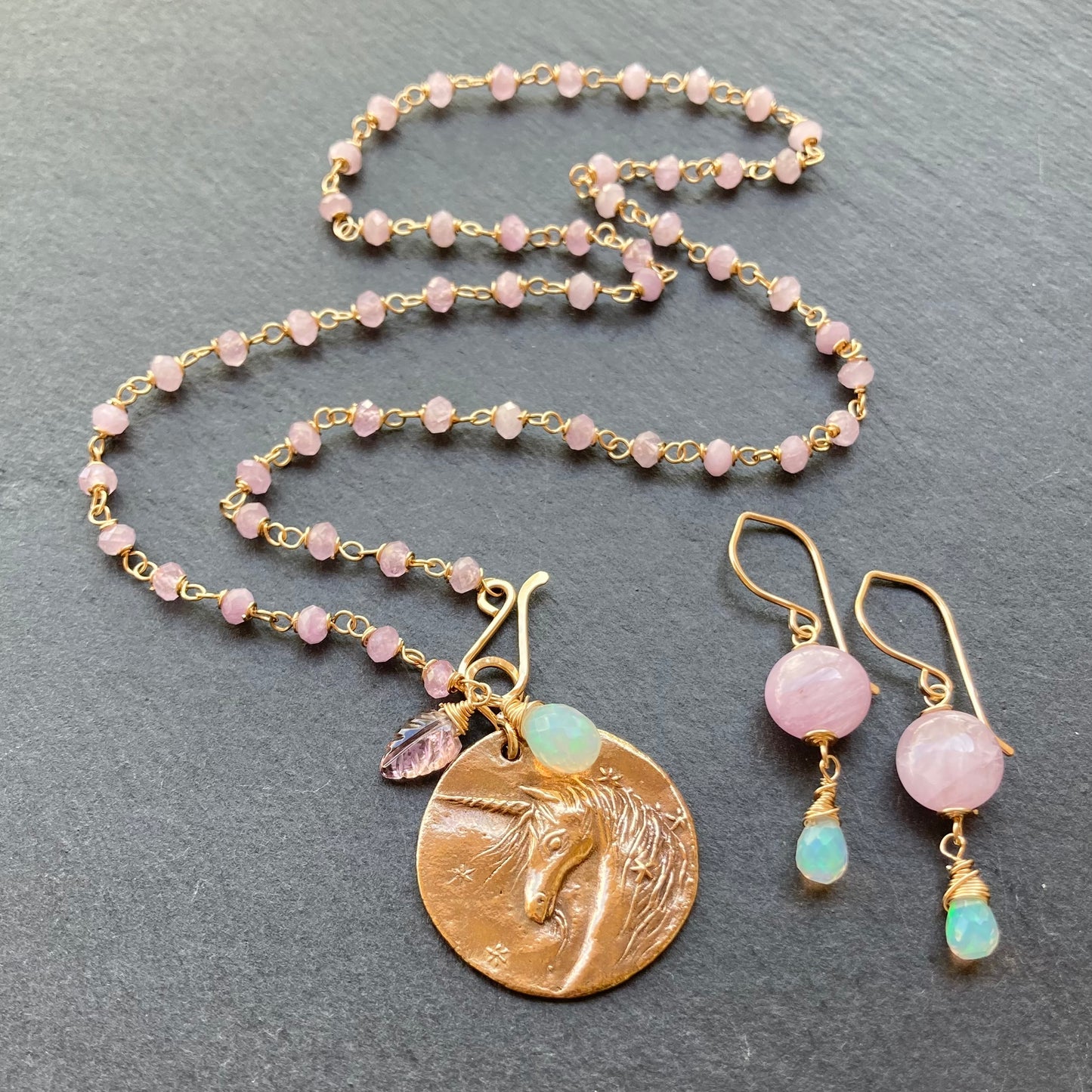 Kunzite, Ethiopian Opal & Gold Earrings