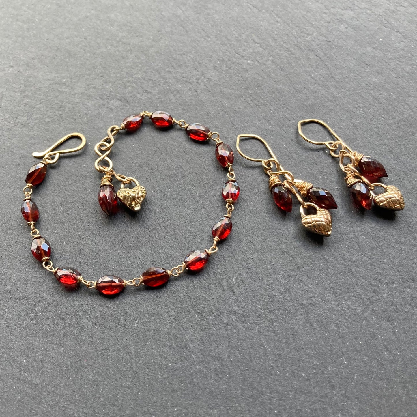 Mozambique Garnet, Gold & Bronze Heart Cascade Earrings