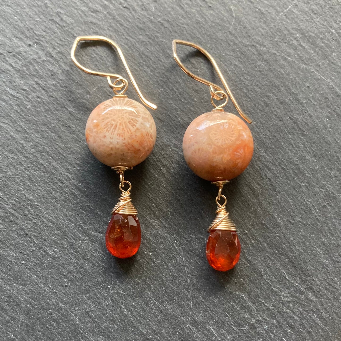 Fossil Coral, Hessonite Garnet & Gold Earrings