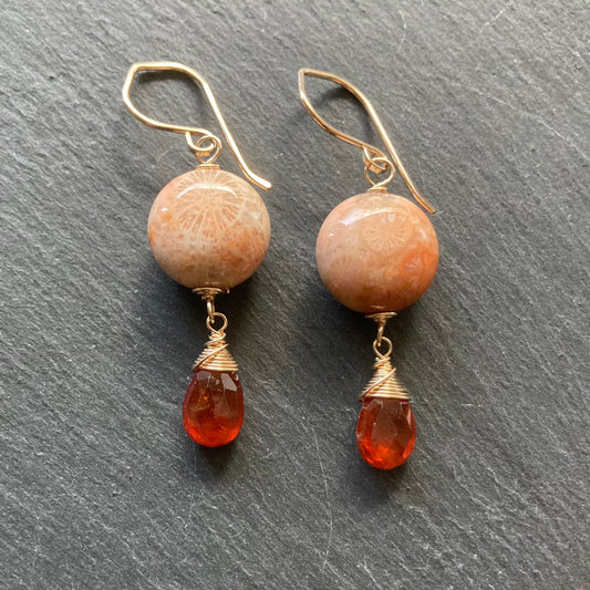Fossil Coral, Hessonite Garnet & Gold Earrings