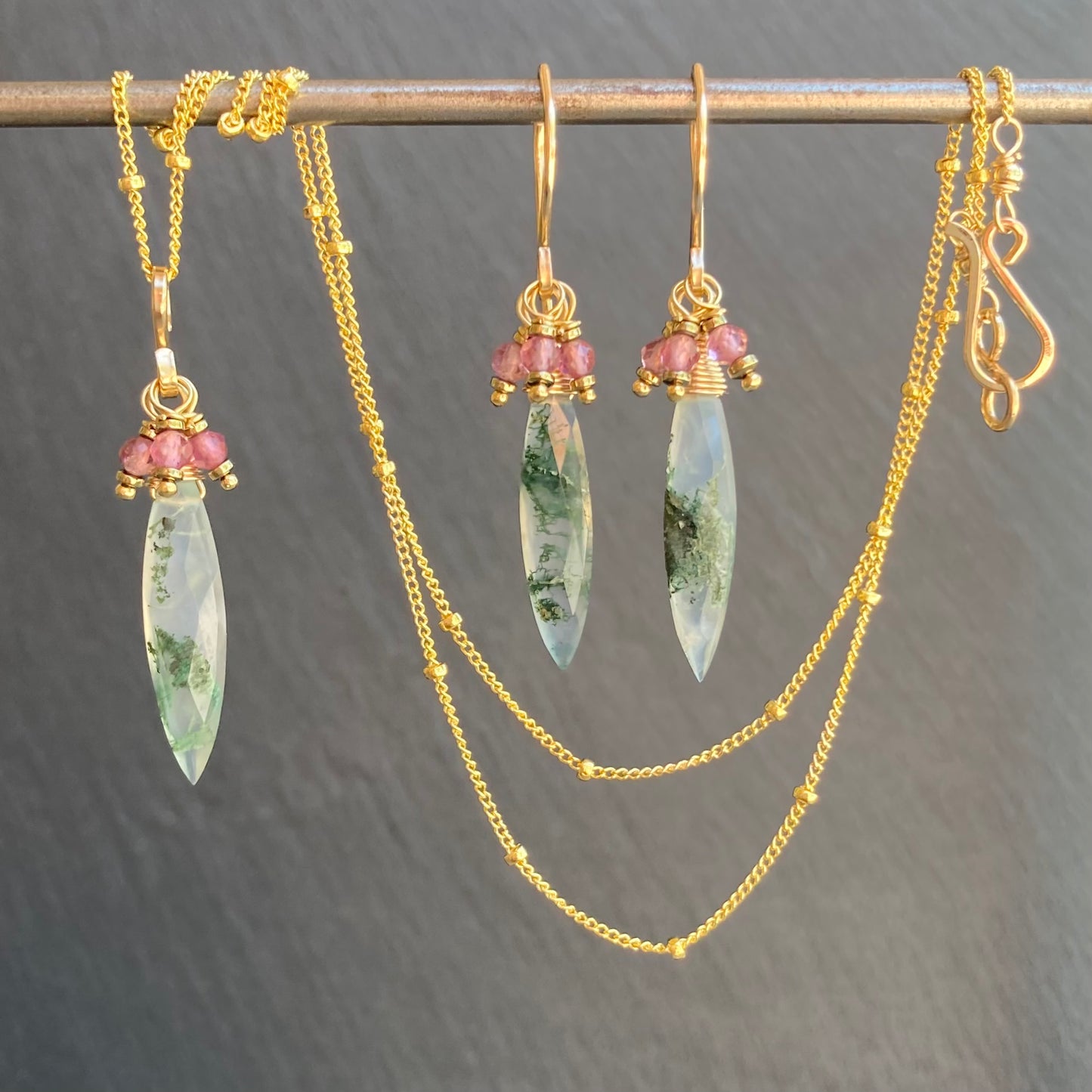 Moss Agate, Pink Tourmaline & Gold Marquis Pendant Necklace