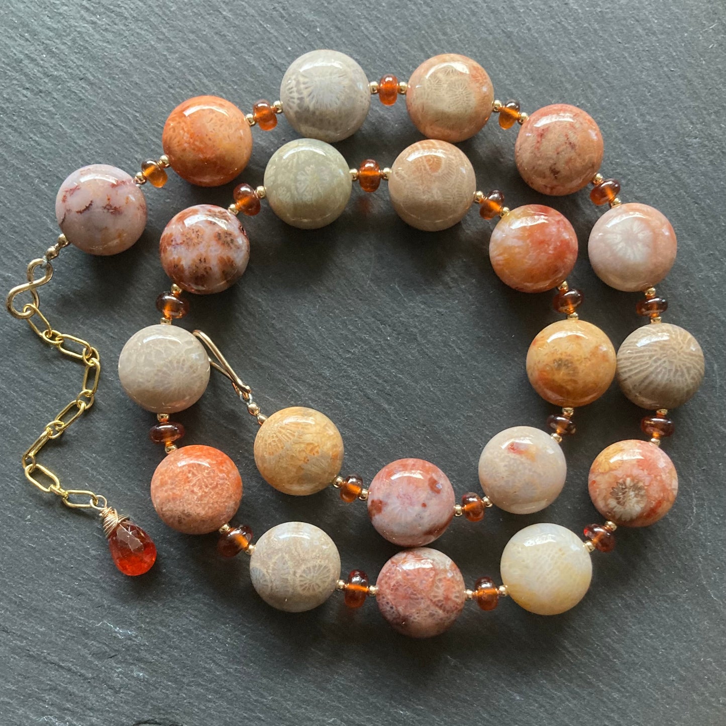 Fossil Coral, Hessonite Garnet & Gold Collar