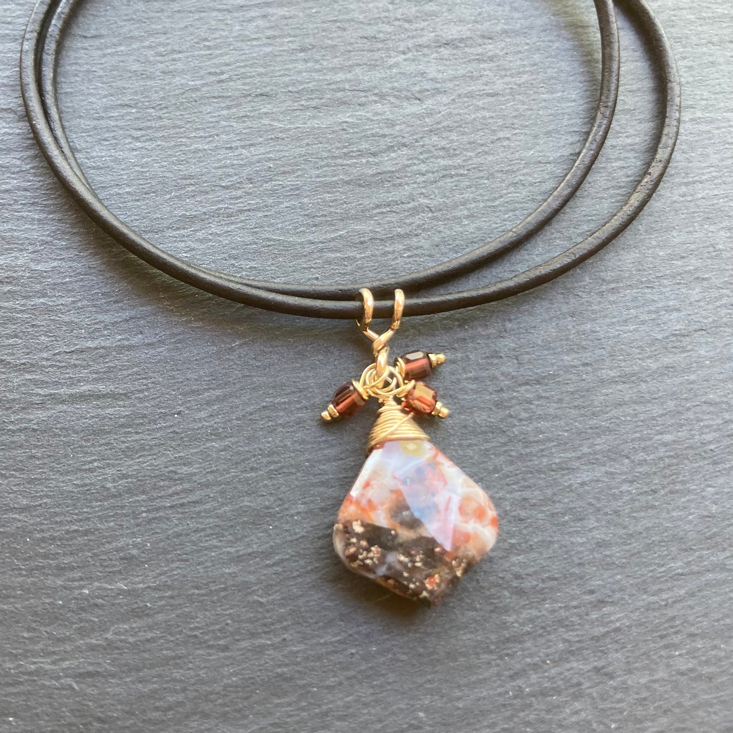 Crazy Lace Agate, Malaya Garnet & Gold Leather Choker