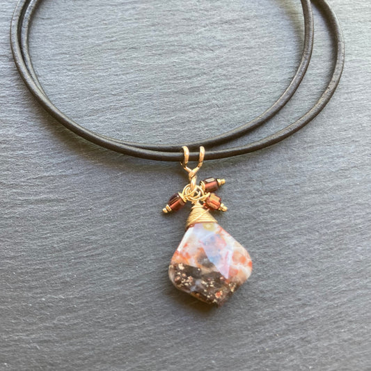 Crazy Lace Agate, Malaya Garnet & Gold Leather Choker