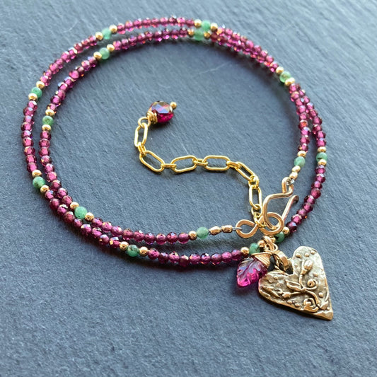 Rhodolite Garnet, Emerald, Gold & Bronze Heart Pendant Choker