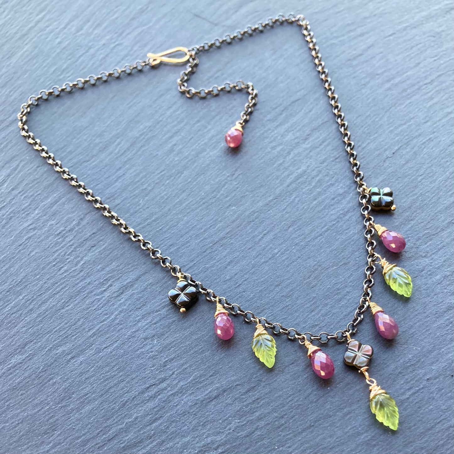 Ruby, Peridot, Black Mother of Pearl & Mixed Metal Charm Choker