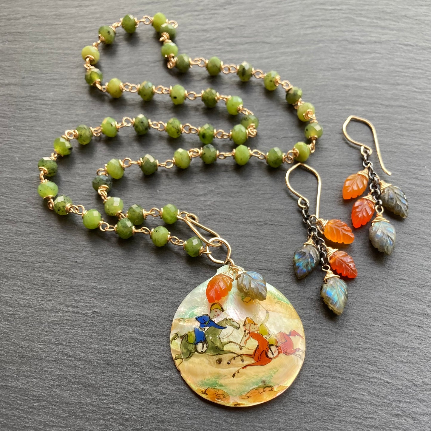 Labradorite, Carnelian & Mixed Metal Cascade Earrings