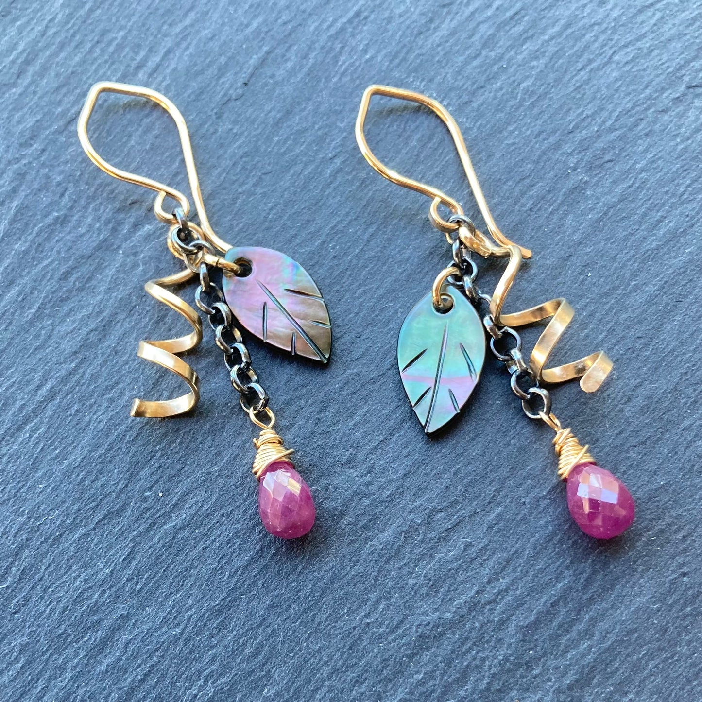 Black Mother of Pearl, Ruby & Mixed Metal Earrings