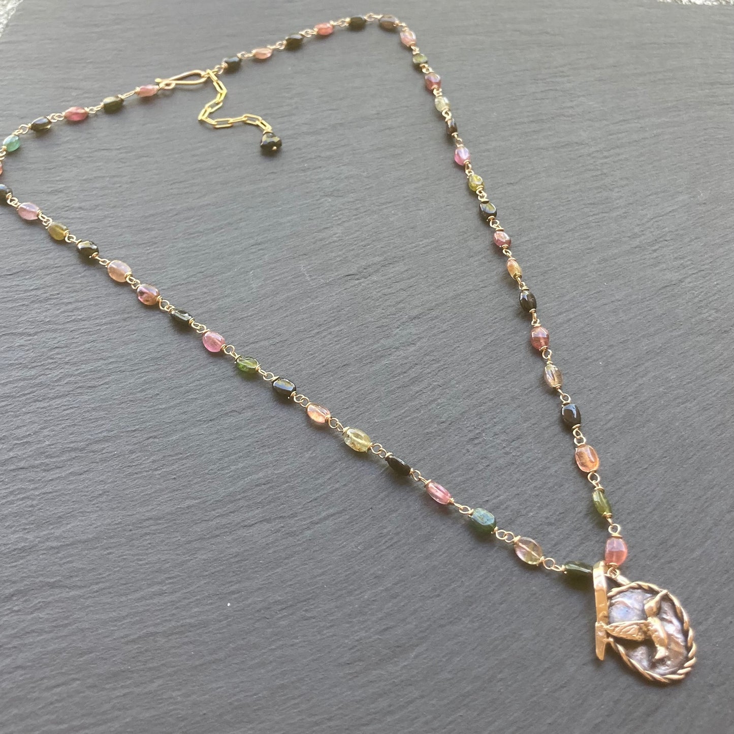 Multicolor Tourmaline, Gold & Bronze Hummingbird Pendant Necklace
