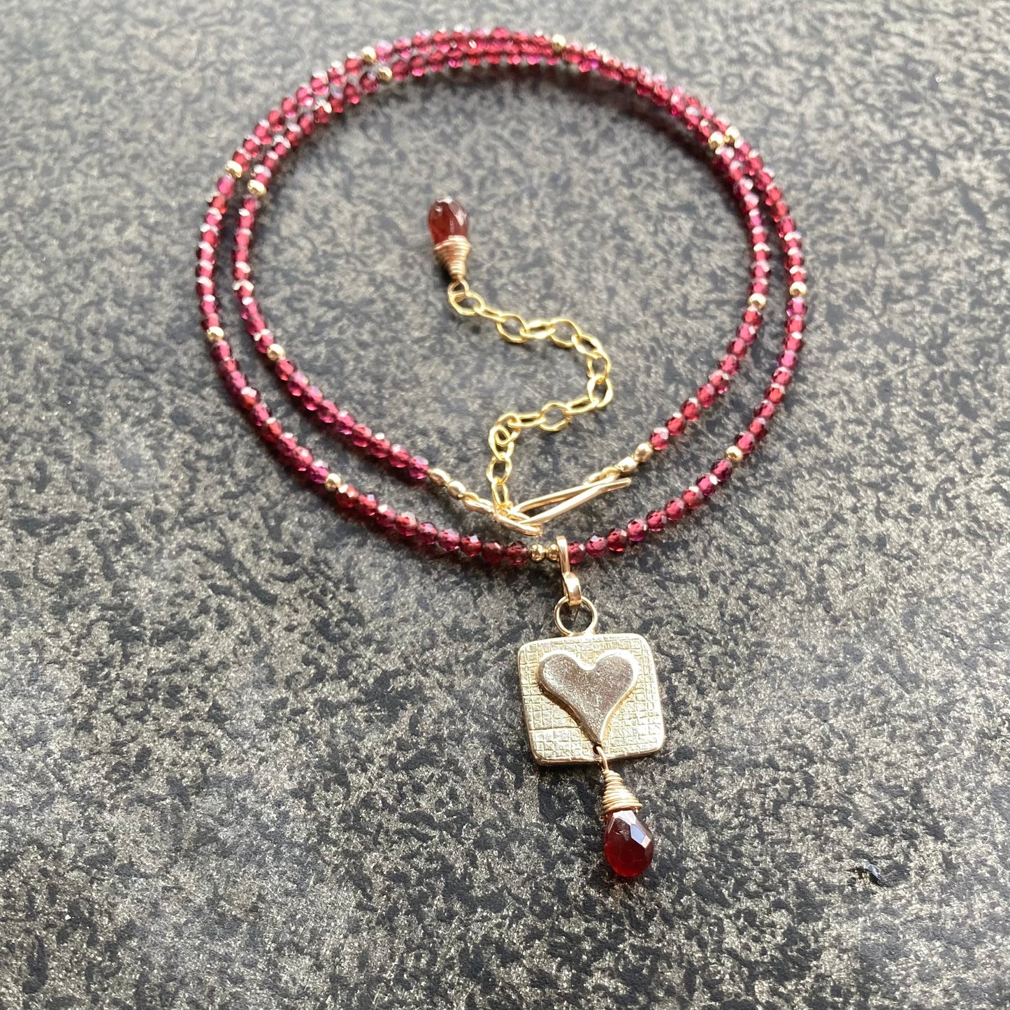 Mozambique Garnet, Gold & Bronze Heart Pendant Choker