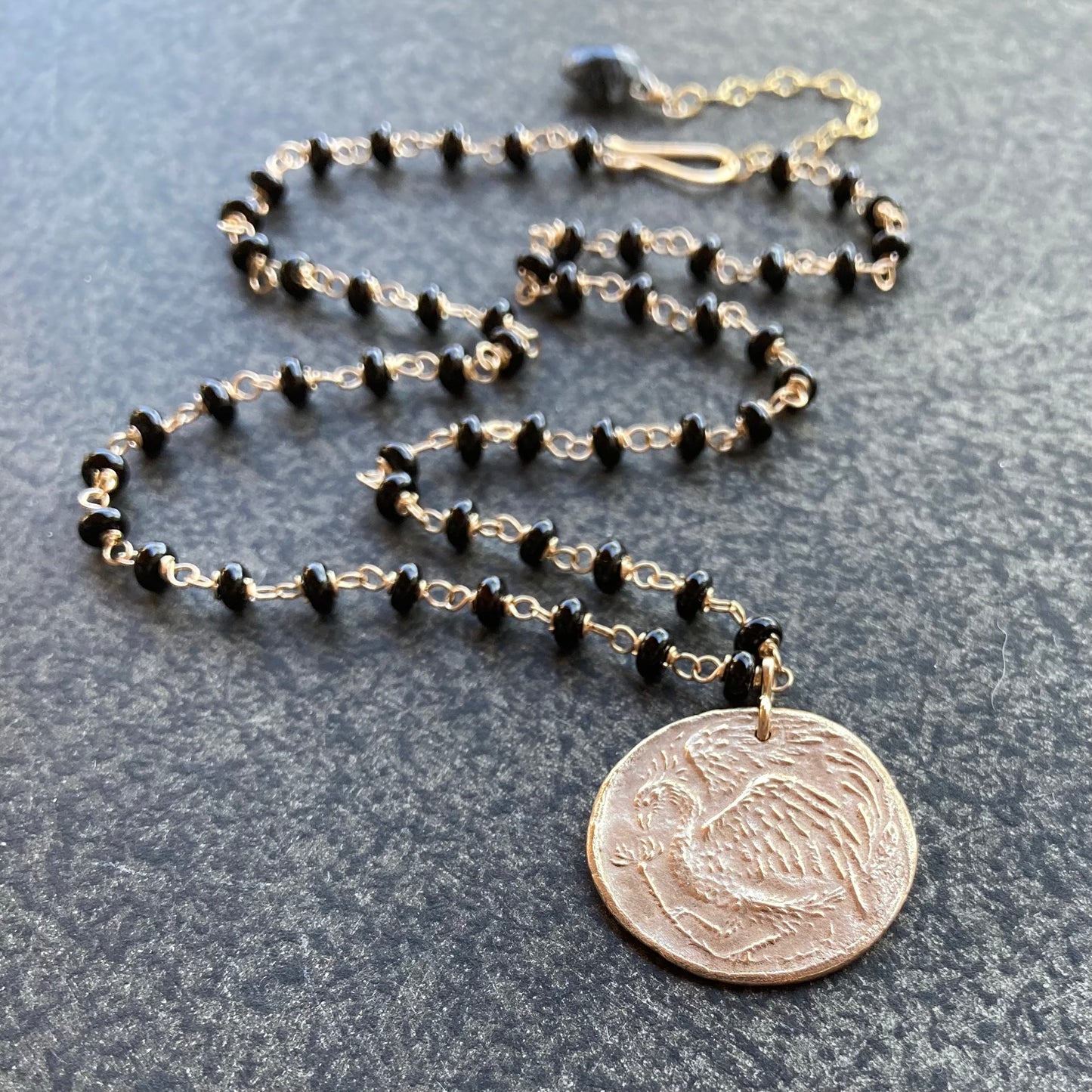 Black Onyx, Gold & Bronze Phoenix Rising Coin Necklace