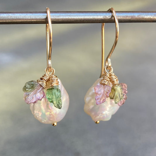 Watermelon Tourmaline Freshwater Coin Pearl & Gold Leaf Earrings