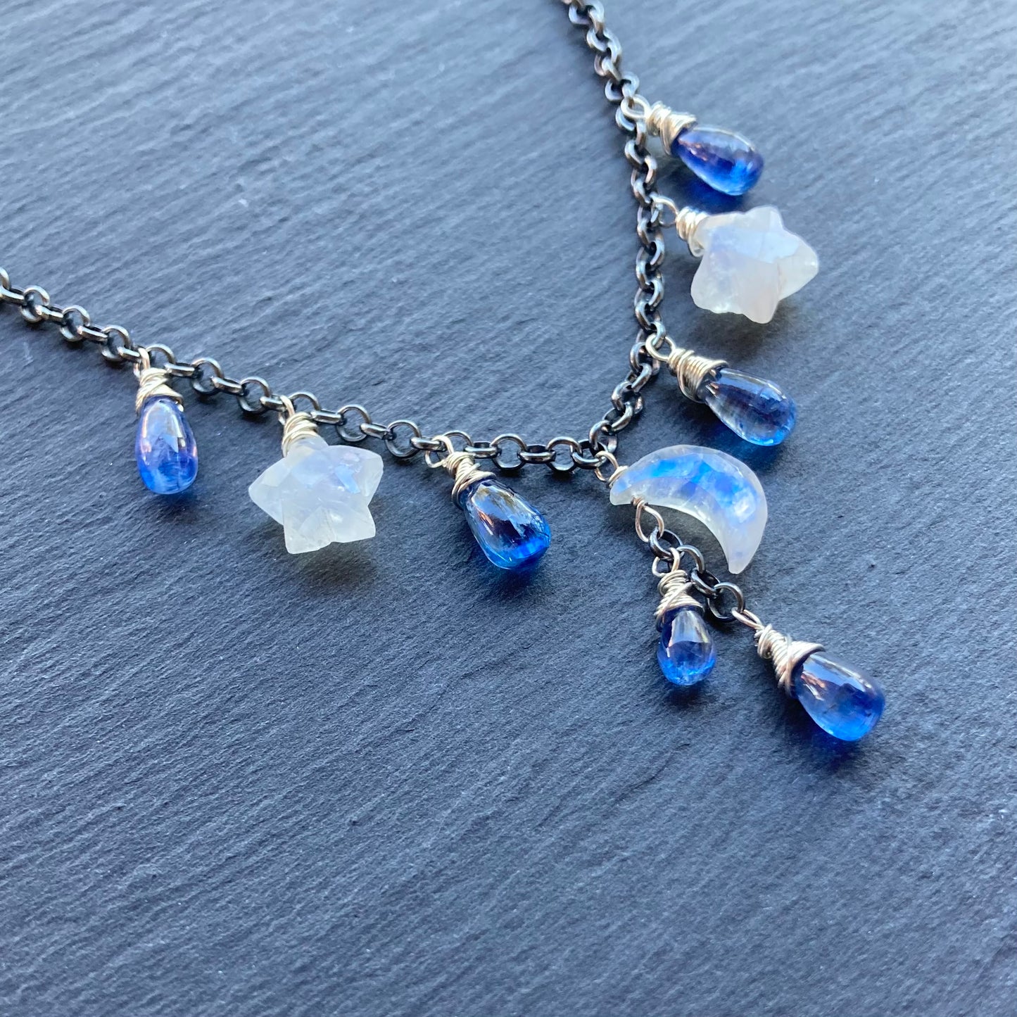 Rainbow Moonstone, Blue Kyanite & Sterling Silver Winter Solstice Charm Choker