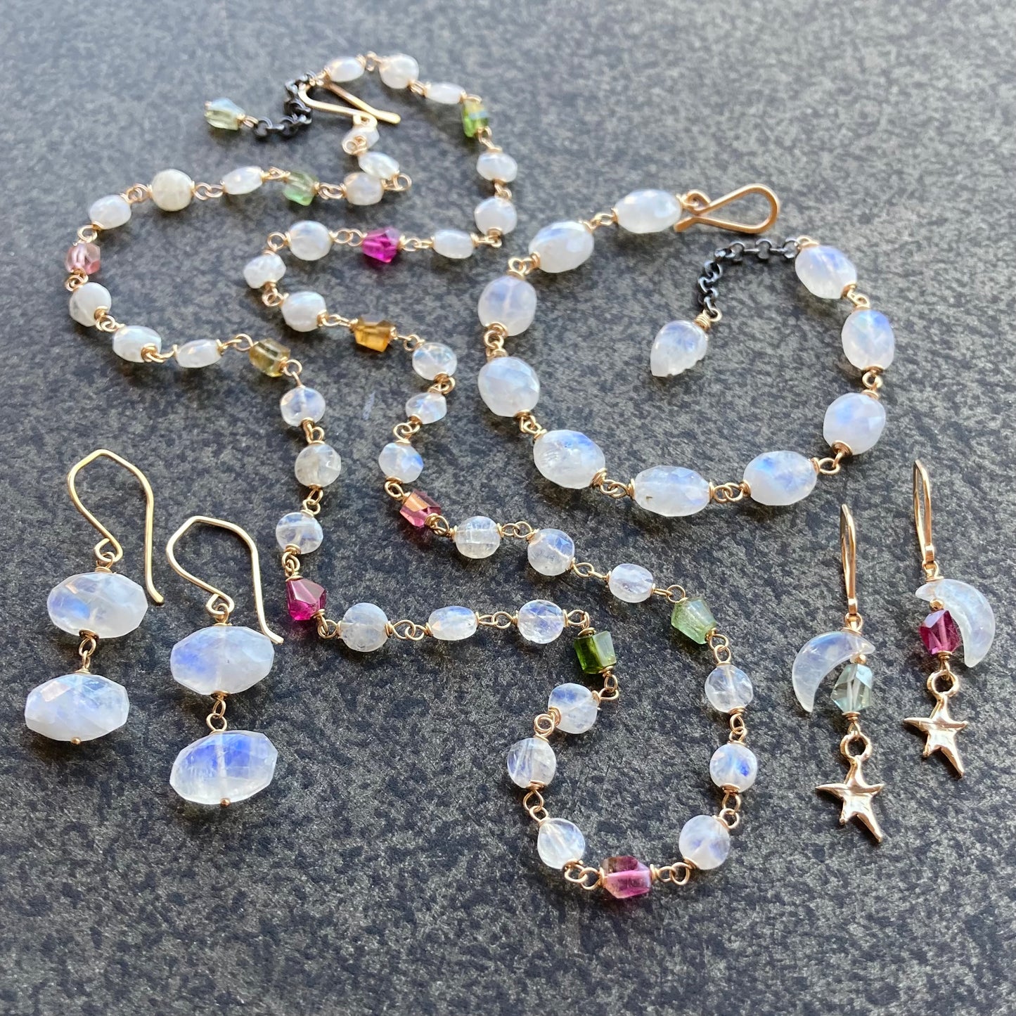 Rainbow Moonstone, Tourmaline & Gold Necklace