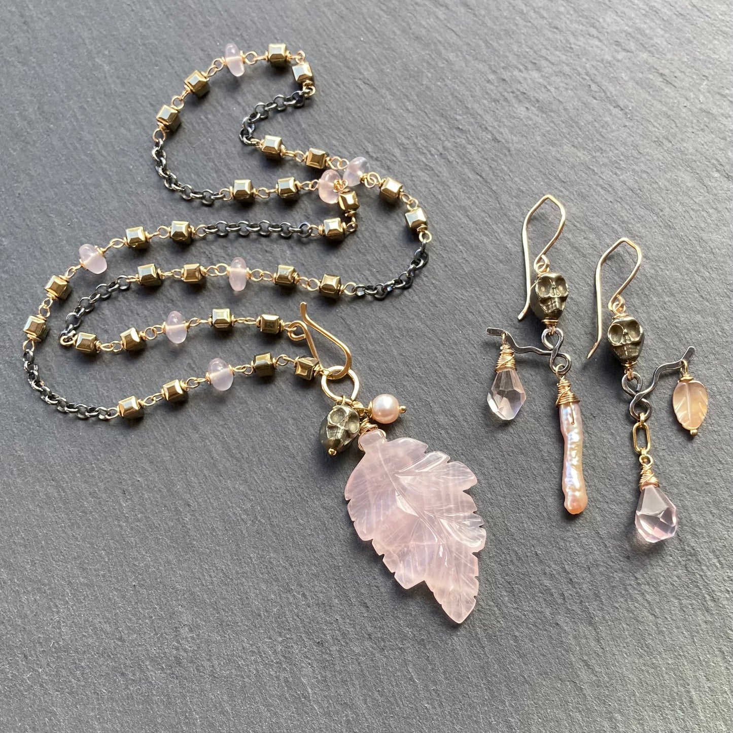 Rose Quartz, Pyrite & Mixed Metal Calavera Talisman Necklace