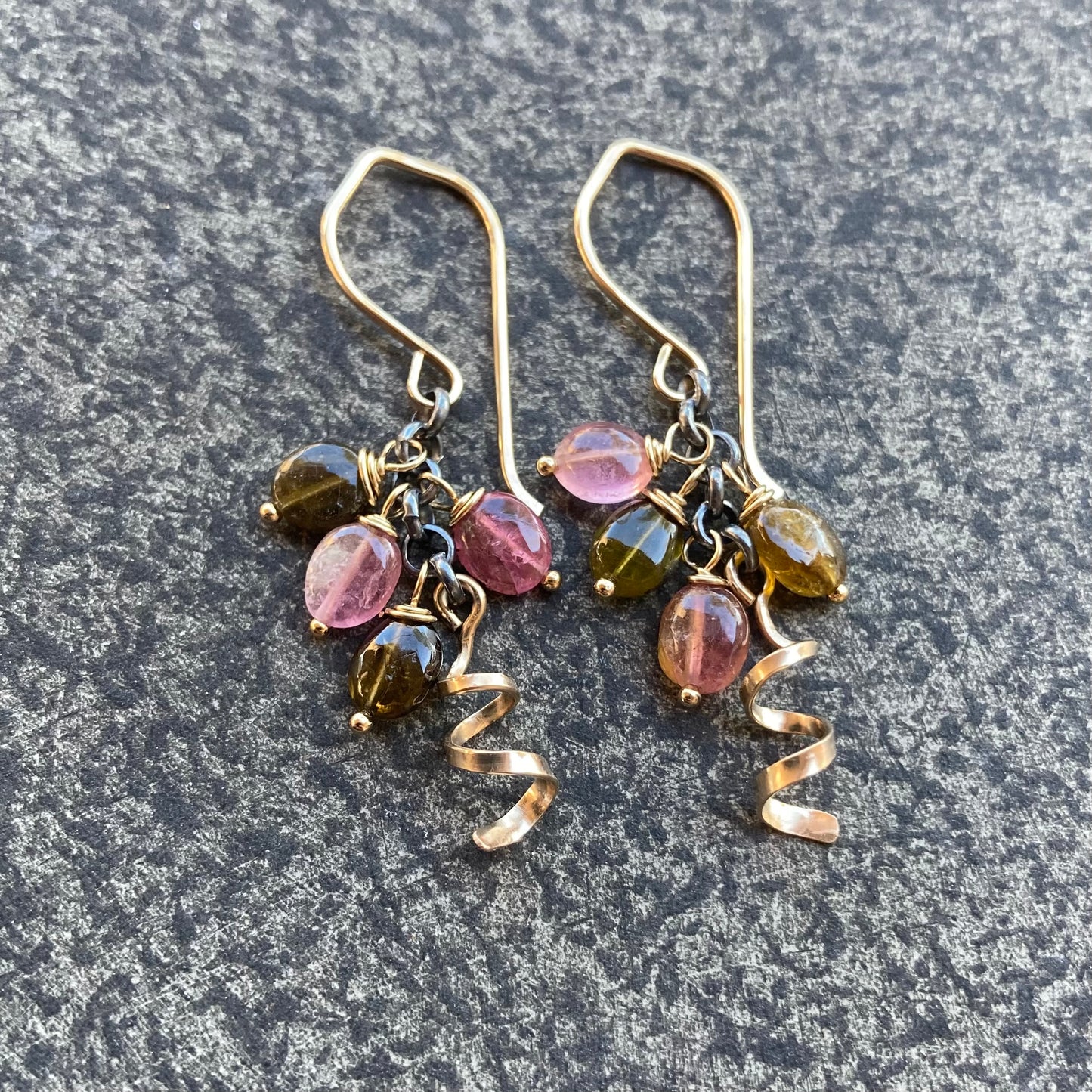 Watermelon Tourmaline & Mixed Metal Spiral Earrings