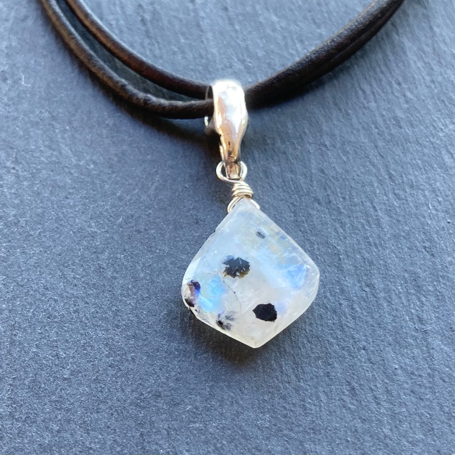 Tourmalinated Rainbow Moonstone & Sterling Silver Leather Choker