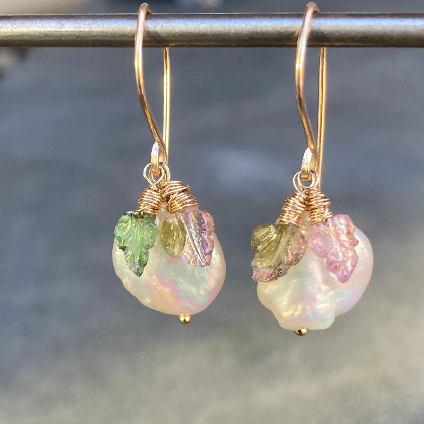 Watermelon Tourmaline Freshwater Coin Pearl & Gold Leaf Earrings