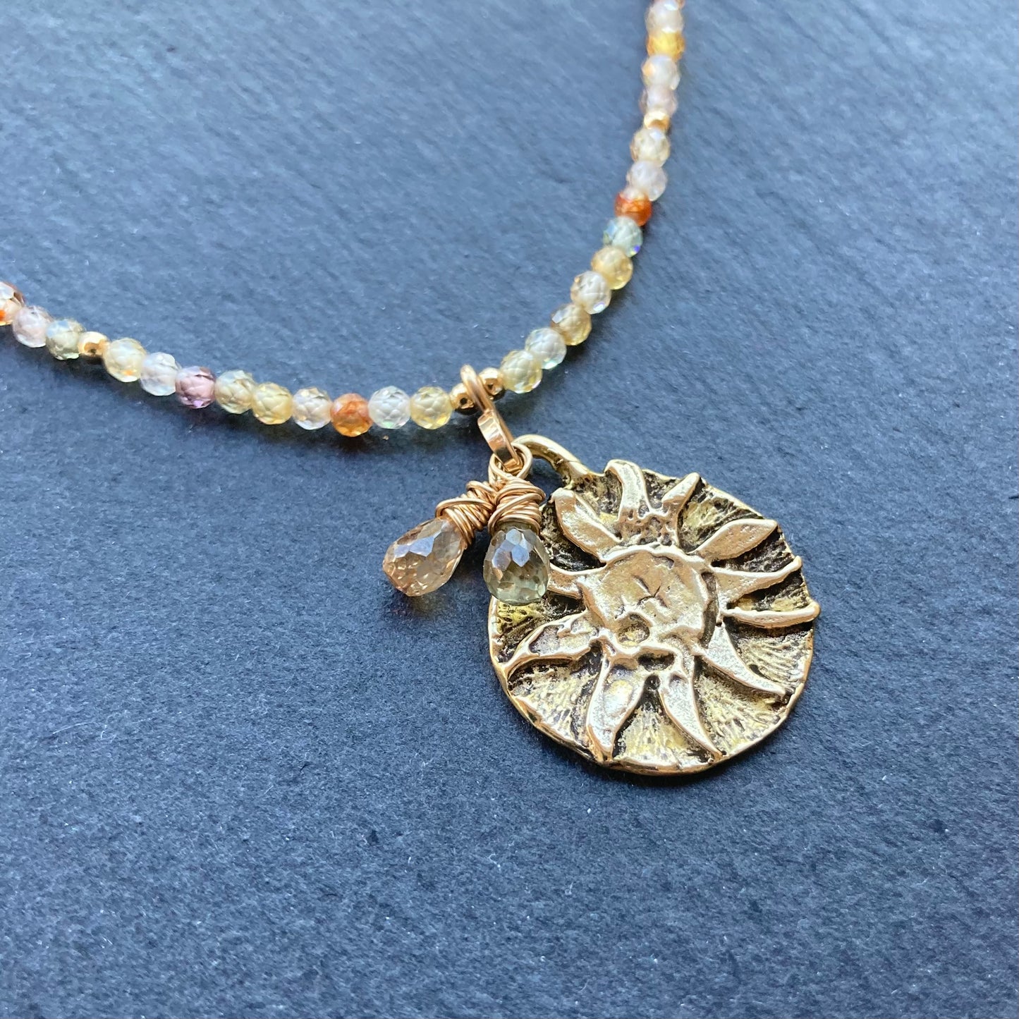 Natural Zircon, Gold & Bronze Sun Coin Choker