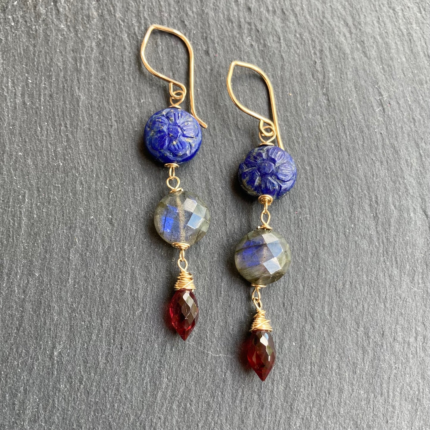Lapis, Labradorite, Mozambique Garnet & Gold Earrings