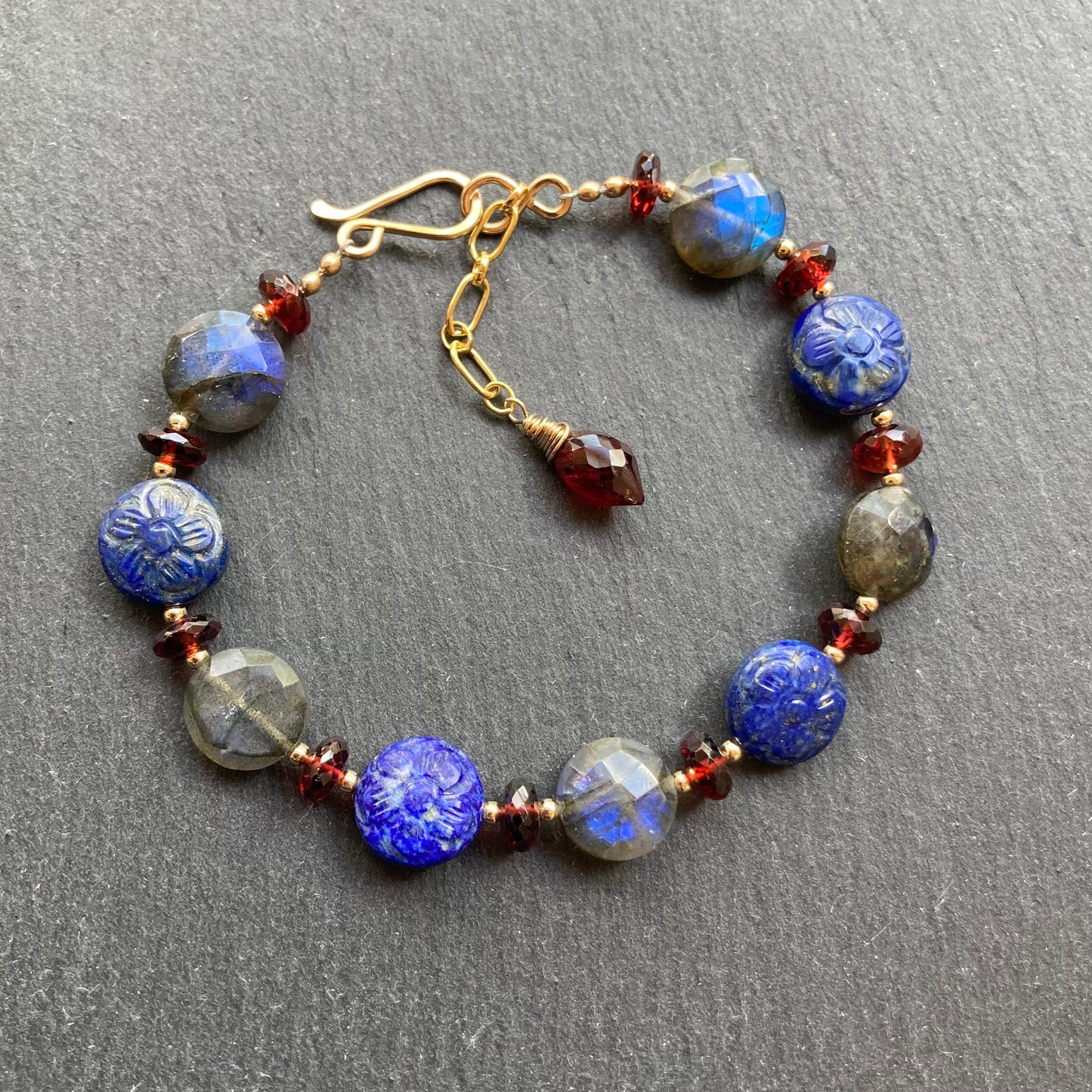 Lapis, Labradorite, Mozambique Garnet & Gold Bracelet
