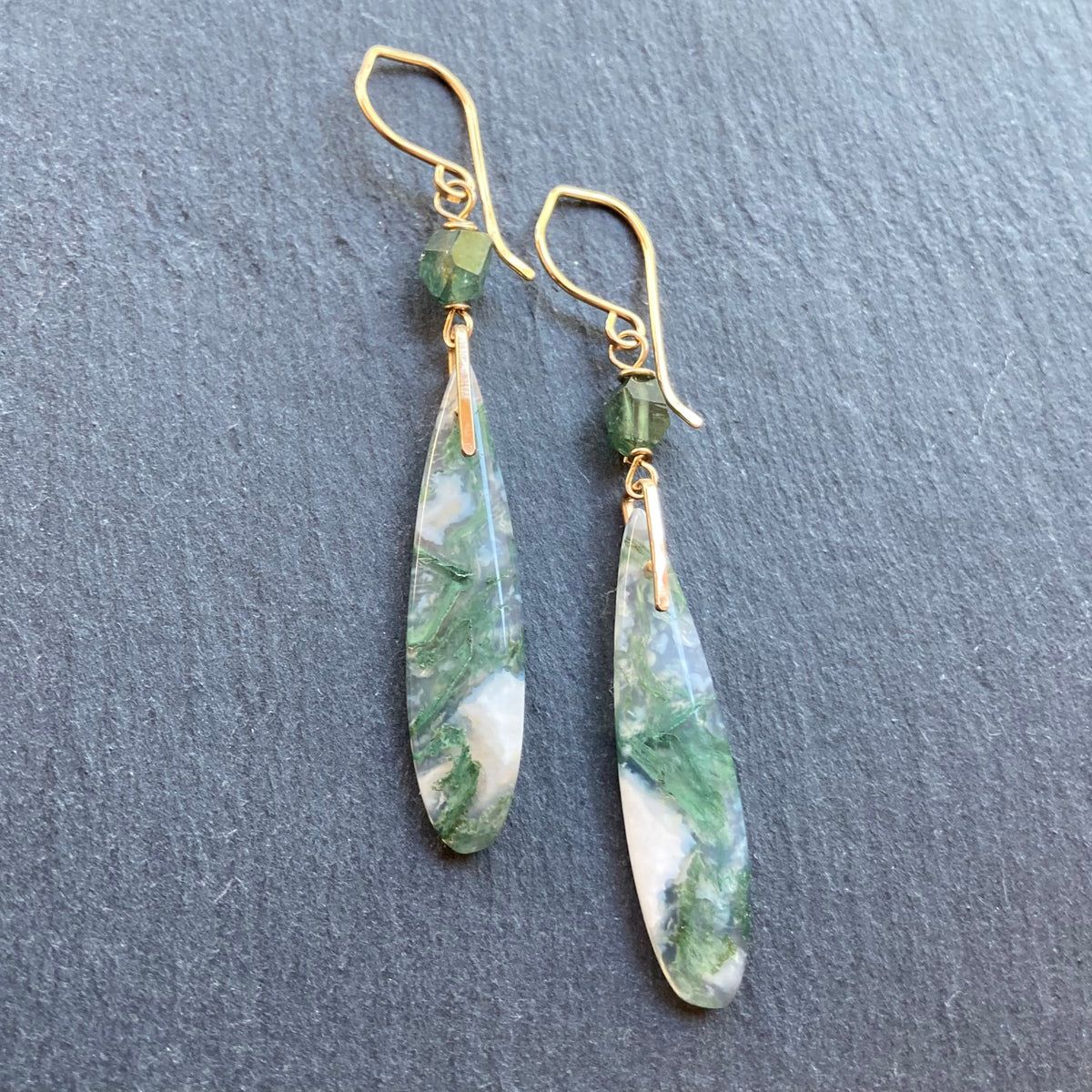 Moss Agate, Paraiba Blue Tourmaline & Gold Long Drop Earrings