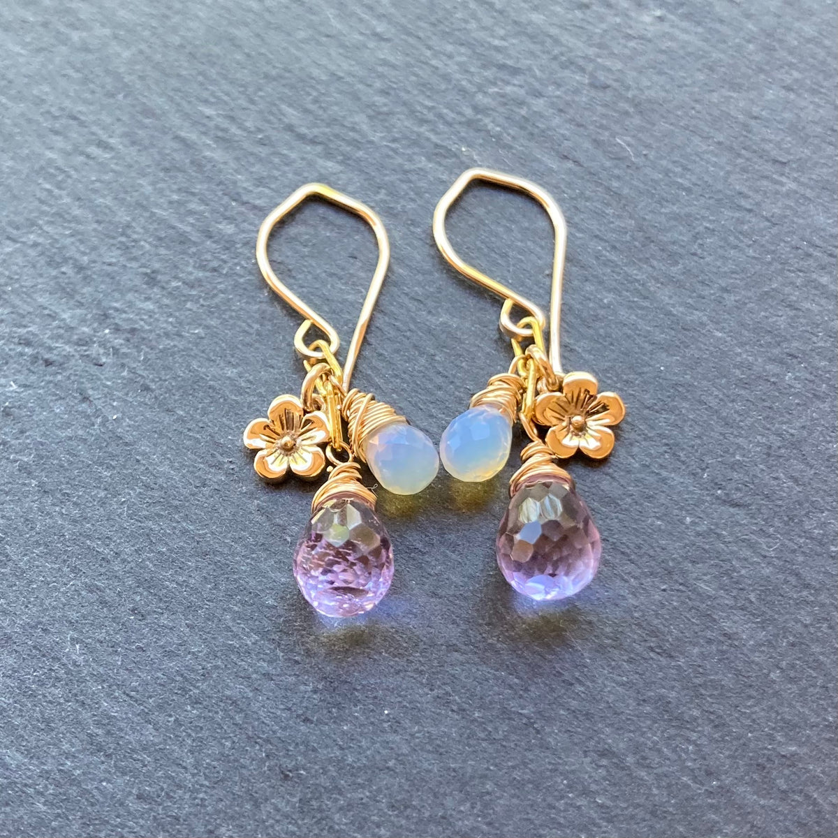 Pink Amethyst, Ethiopian Opal & Gold Cherry Blossom Earrings