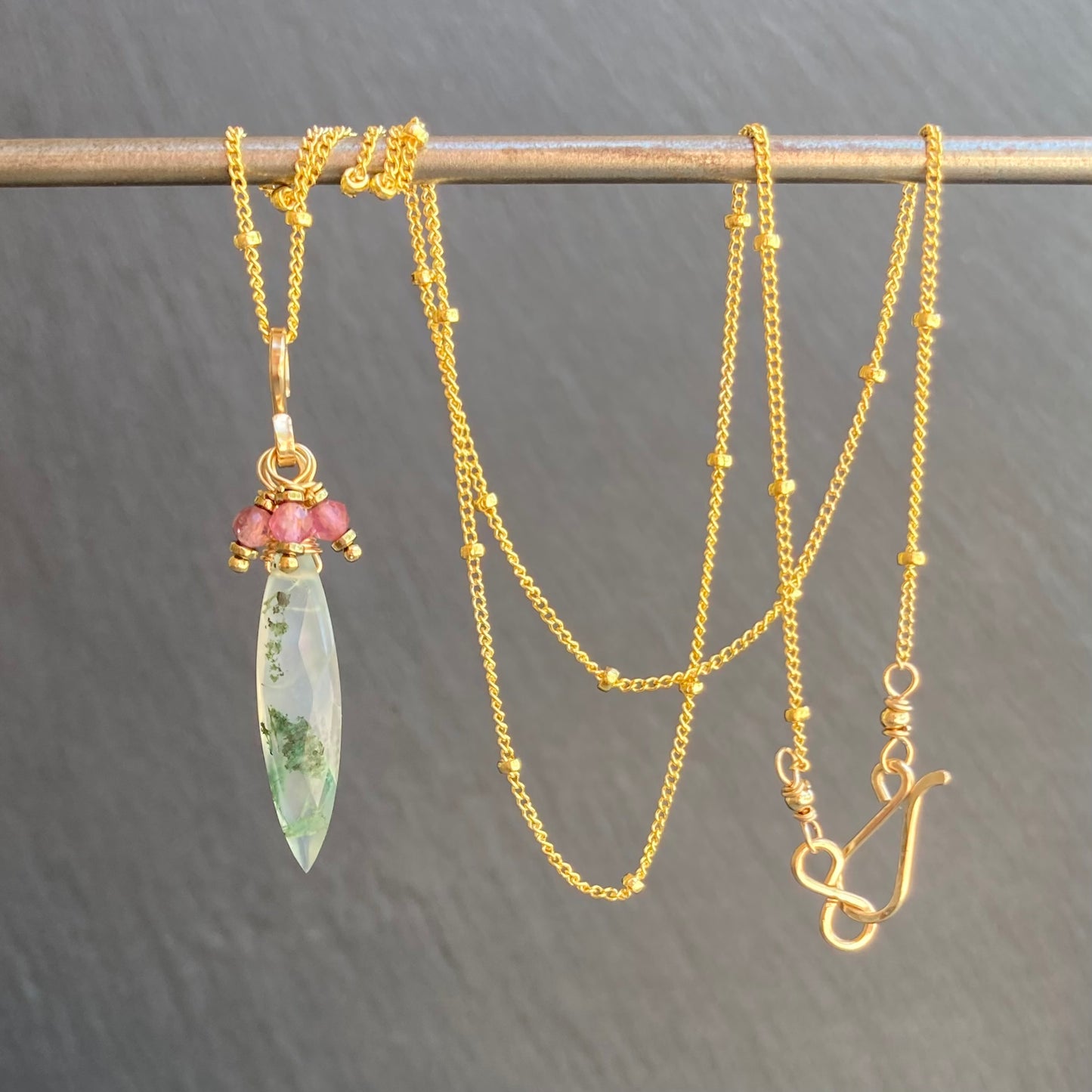 Moss Agate, Pink Tourmaline & Gold Marquis Pendant Necklace