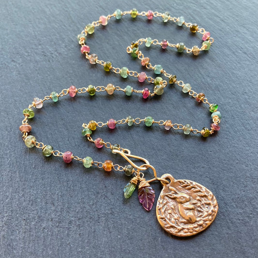 Tourmaline, Gold & Bronze Bunny Pendant Necklace