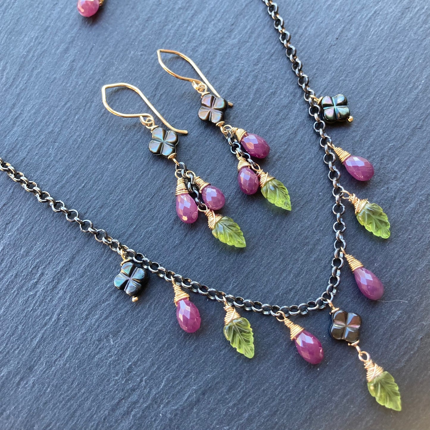 Ruby, Peridot, Black Mother of Pearl & Mixed Metal Charm Choker