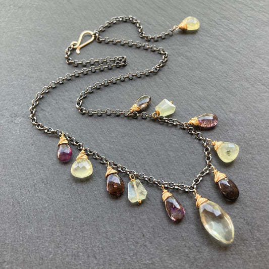 Moss Amethyst, Prehnite & Mixed Metal Charm Choker
