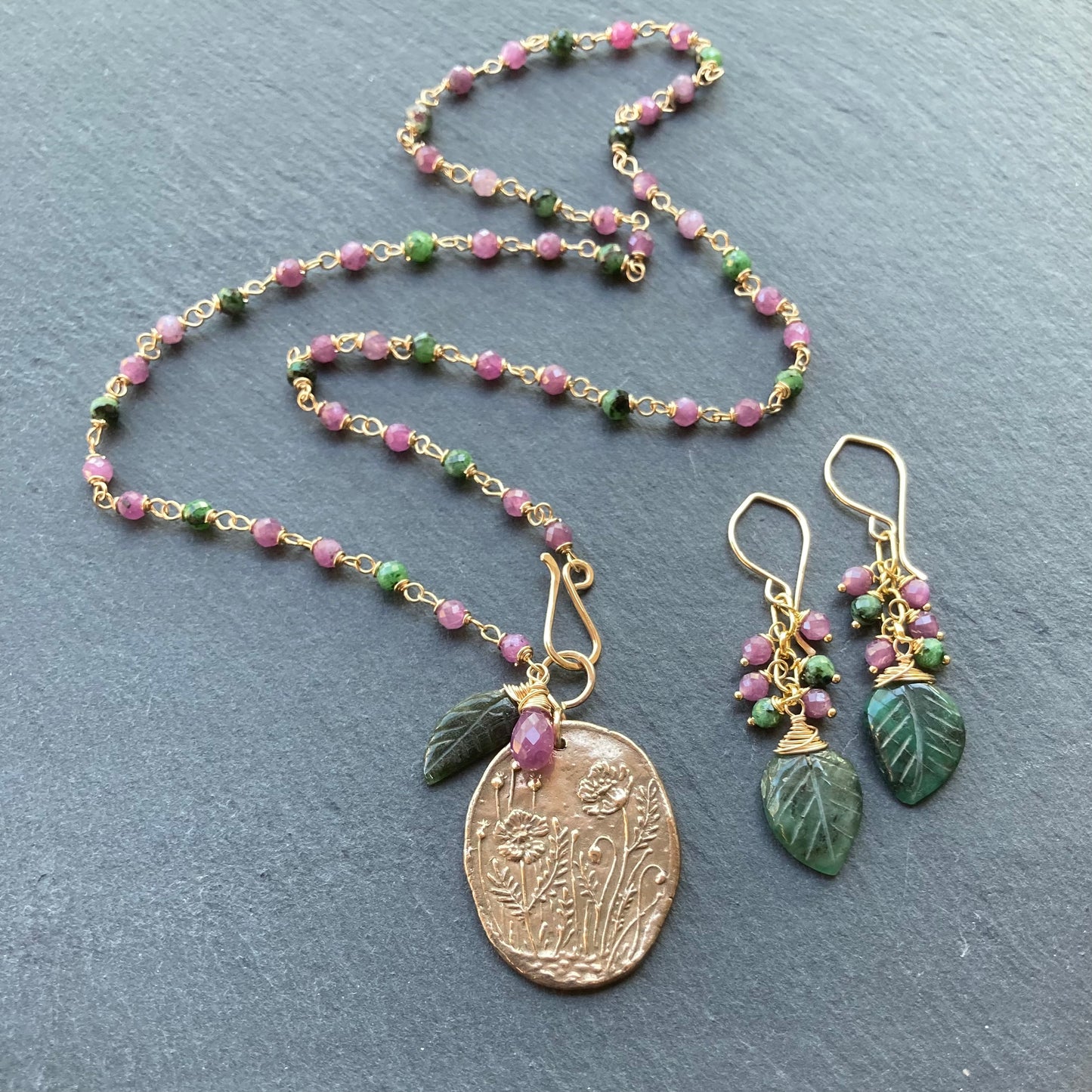 Emerald, Ruby Zoisite & Gold Earrings