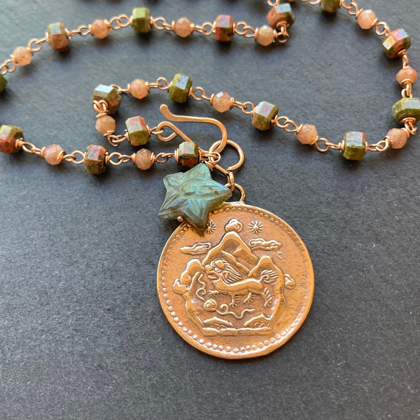 Unakite, Sunstone, Rose Gold & Red Bronze Tibetan Snow Lion Coin Necklace