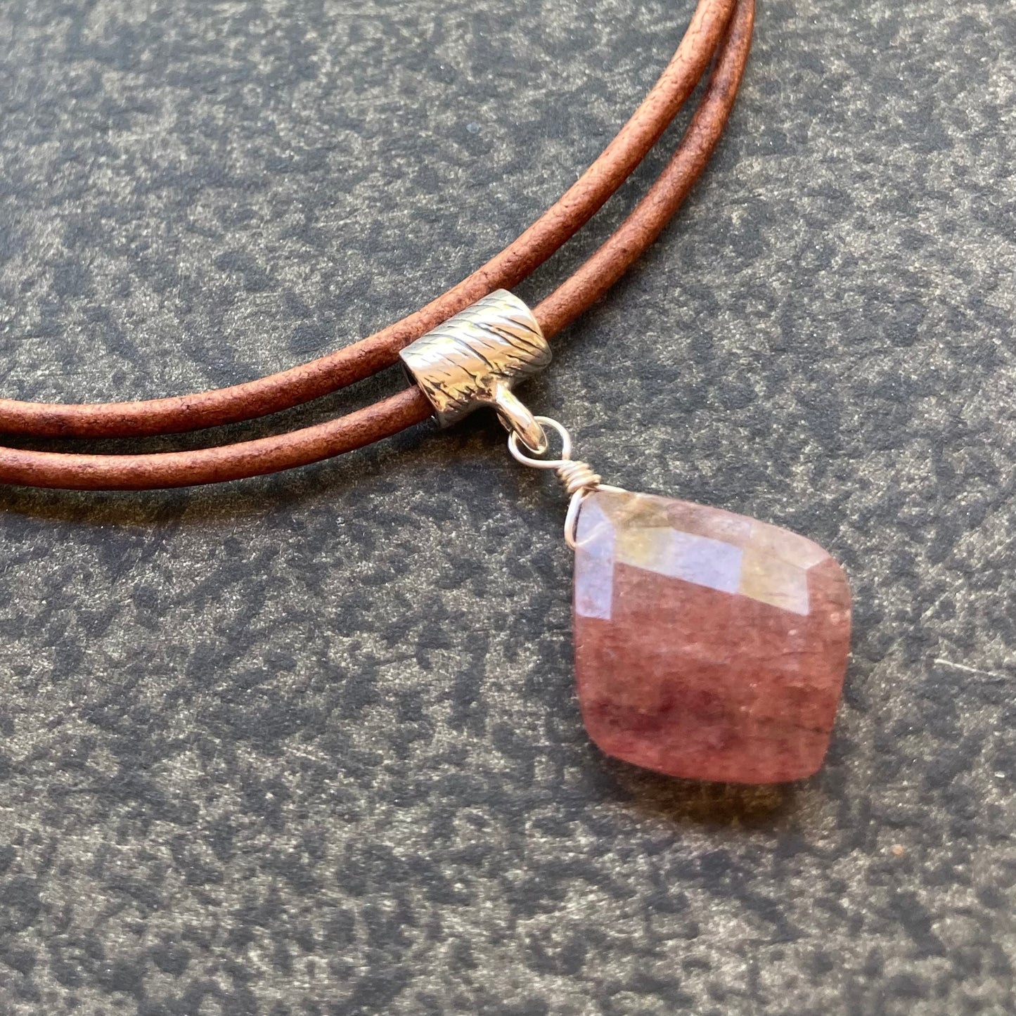 Strawberry Quartz & Sterling Silver Leather Choker