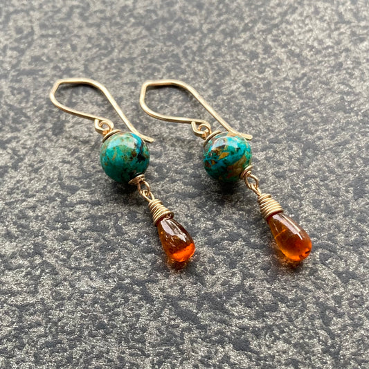 Chrysocolla, Orange Kyanite & Gold Earrings