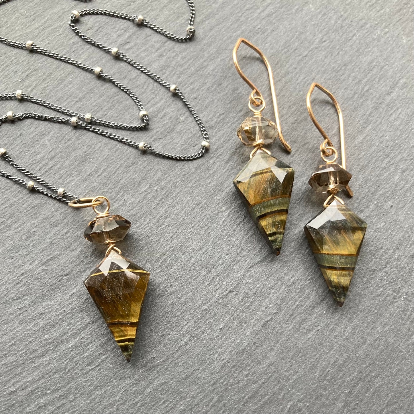 Black Tiger Eye, Smoky Quartz & Mixed Metal Arrowhead Necklace