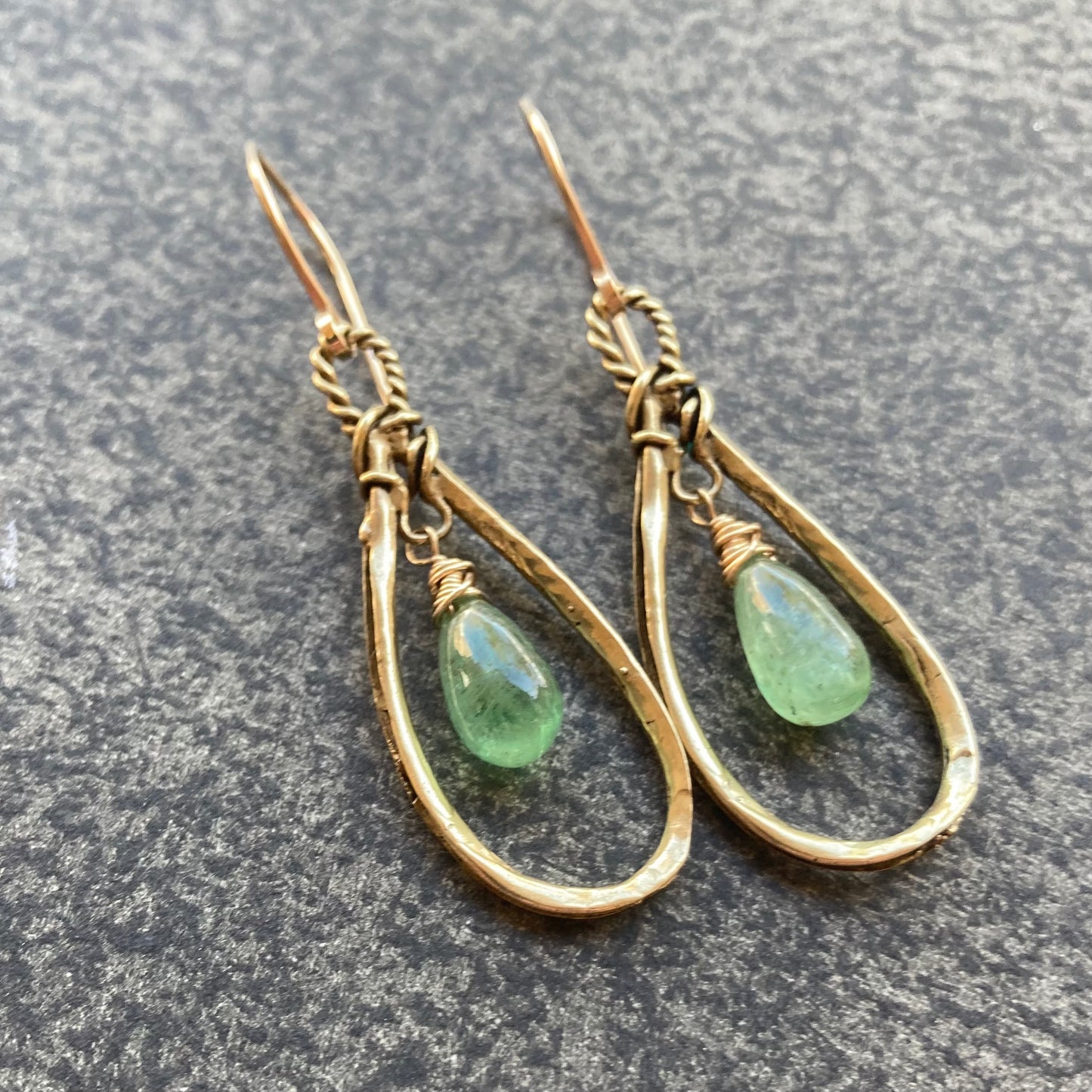 Green Kyanite, Gold & Bronze Teardrop Hoops