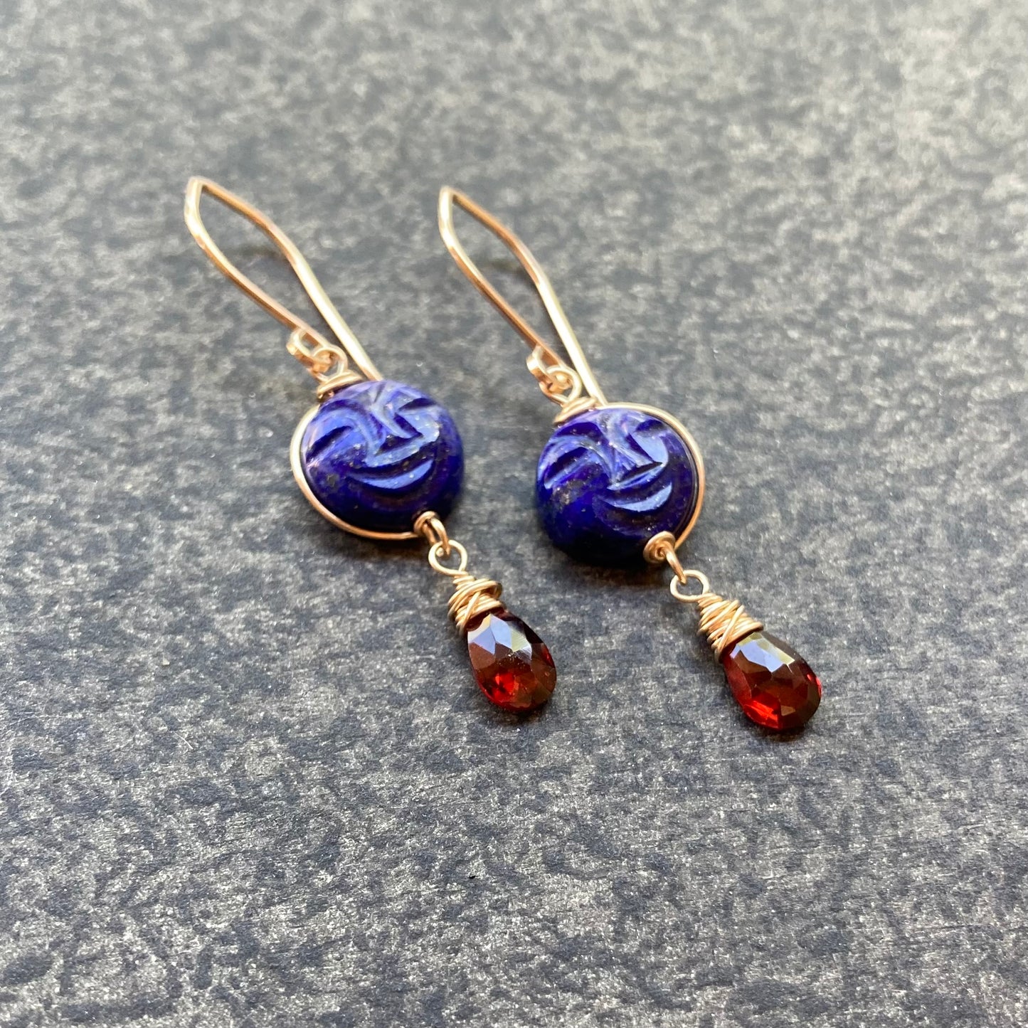 Lapis, Mozambique Garnet & Gold Full Moon Earrings