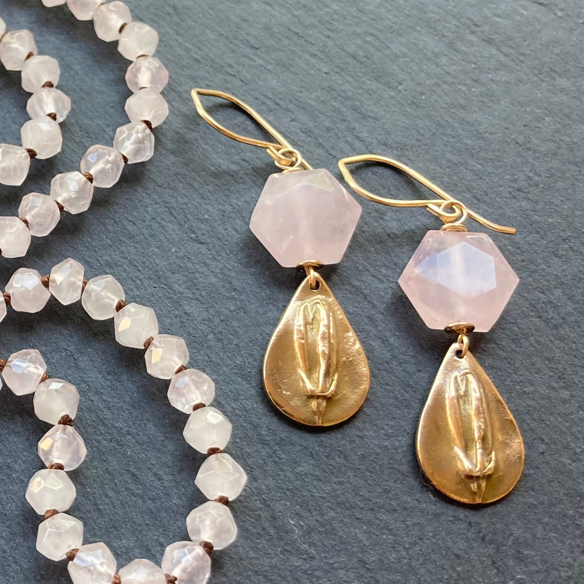 Rose Quartz, Gold & Bronze Earrings