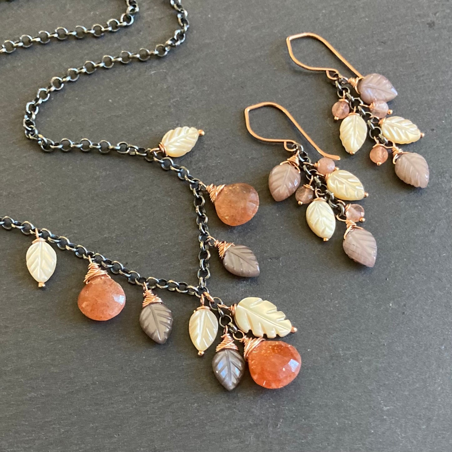 Chocolate Moonstone, Mother of Pearl & Mixed Metal Leaf Cascade Earrings