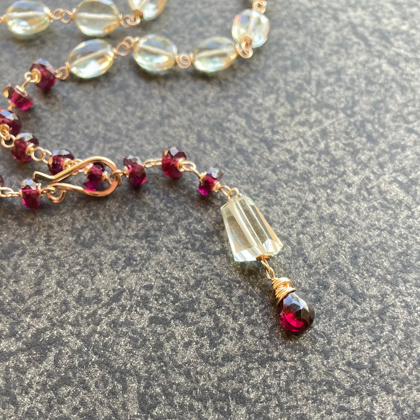 Prasiolite, Rhodolite & Gold Convertible Lariat Necklace