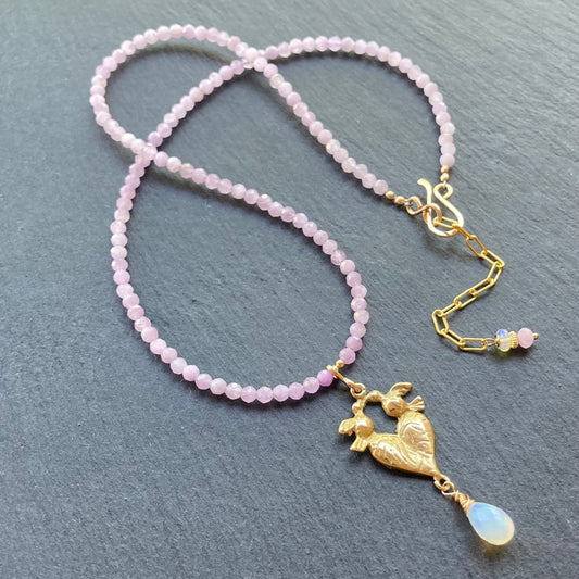 Kunzite, Ethiopian Opal, Gold & Bronze Love Birds Pendant Necklace
