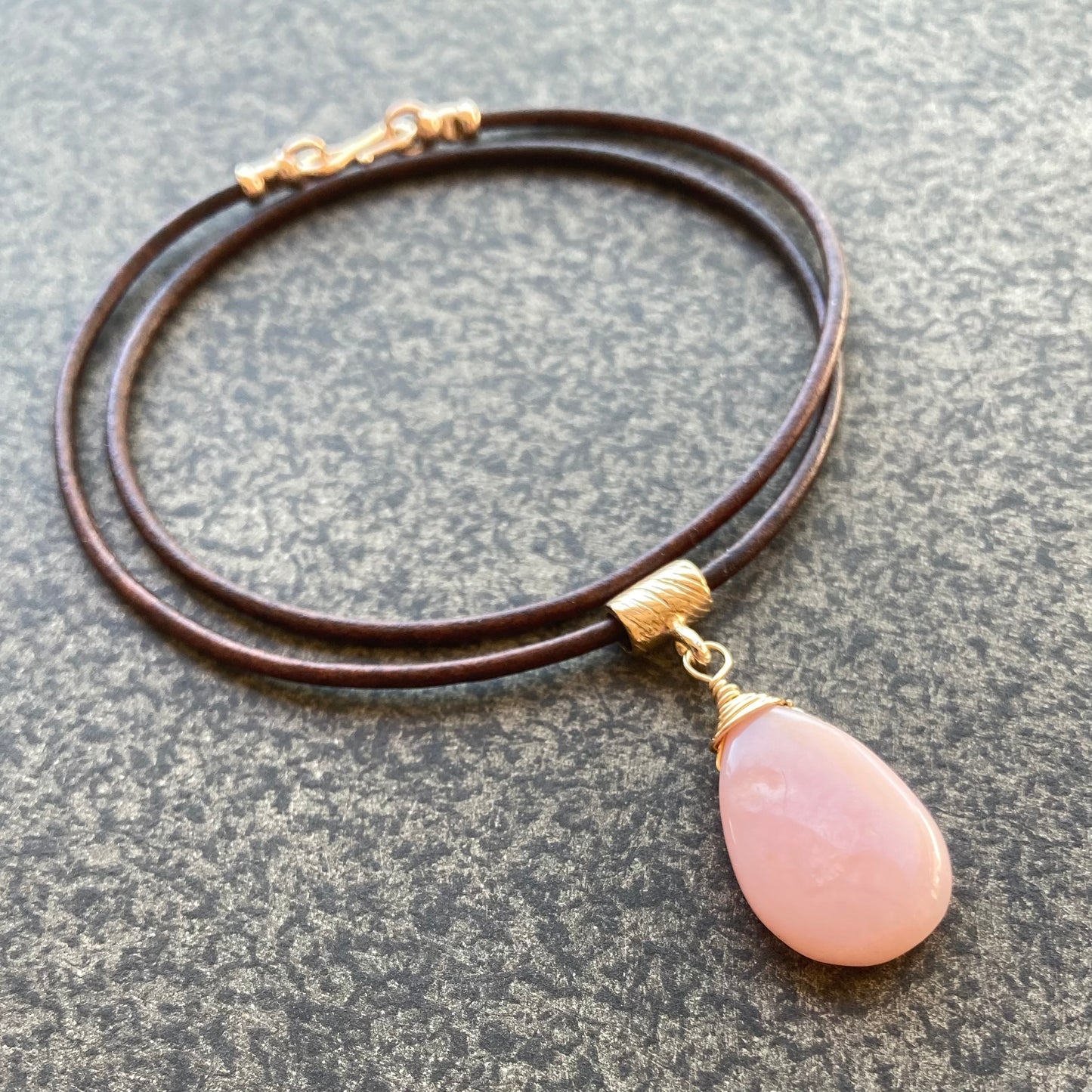 Pink Peruvian Opal & Bronze Leather Choker