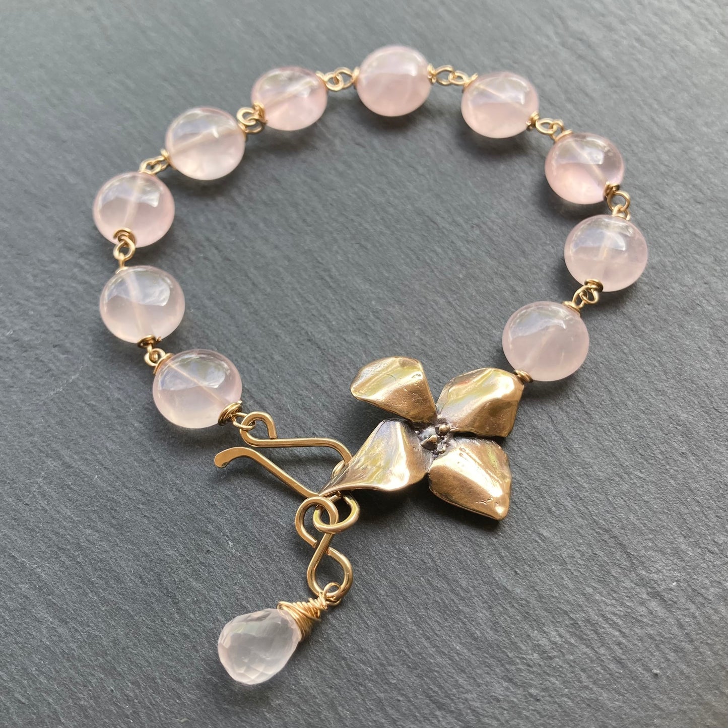 Rose Quartz, Gold & Bronze Evening Primrose Bracelet