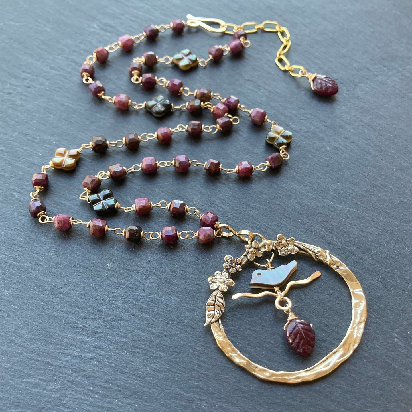 Natural Ruby, Black Mother of Pearl, Gold & Bronze Blossoming Plum Pendant Necklace