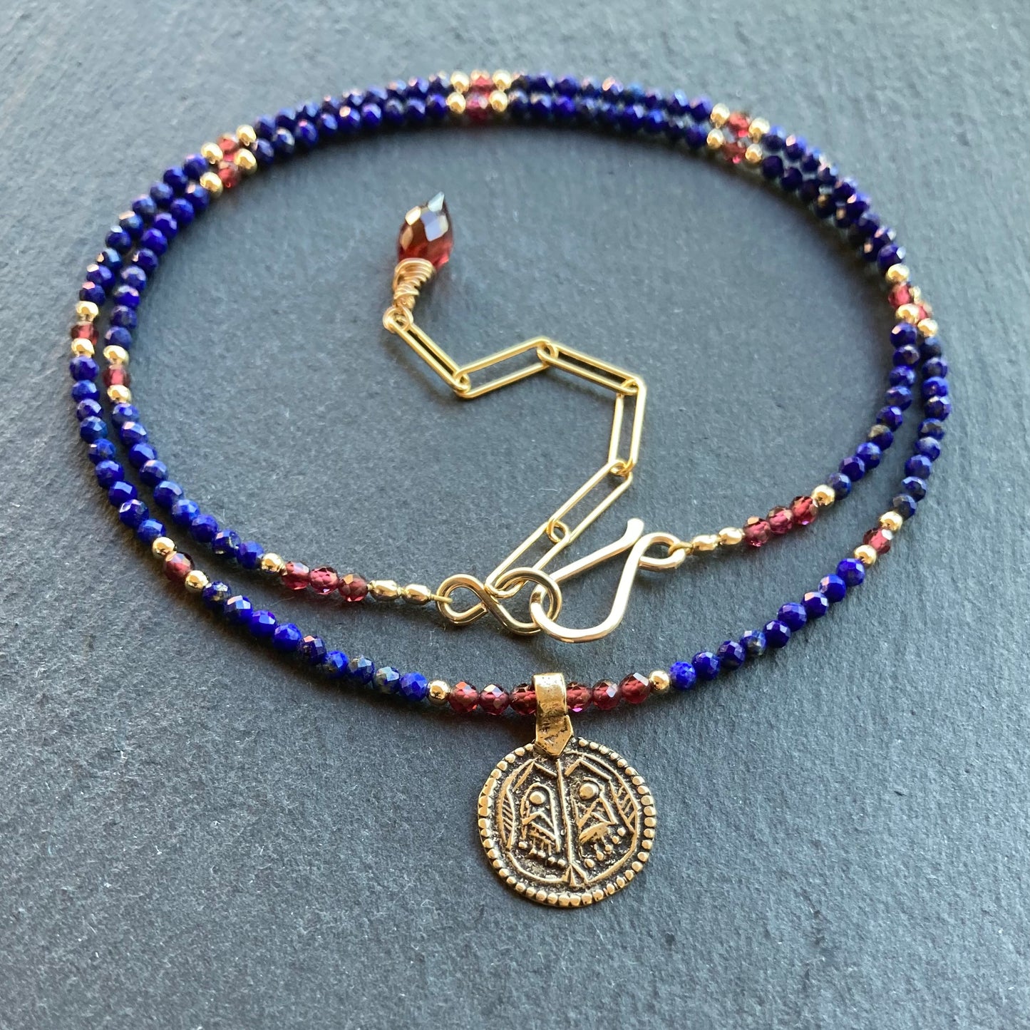 Lapis, Mozambique Garnet, Gold & Bronze Buddha Feet Pendant Choker